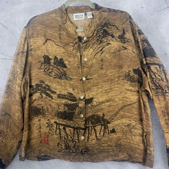 VTG Chico's Brown Sheer Button Down Shirt with Artistic Japanese Prints Large - Picture 3 of 10